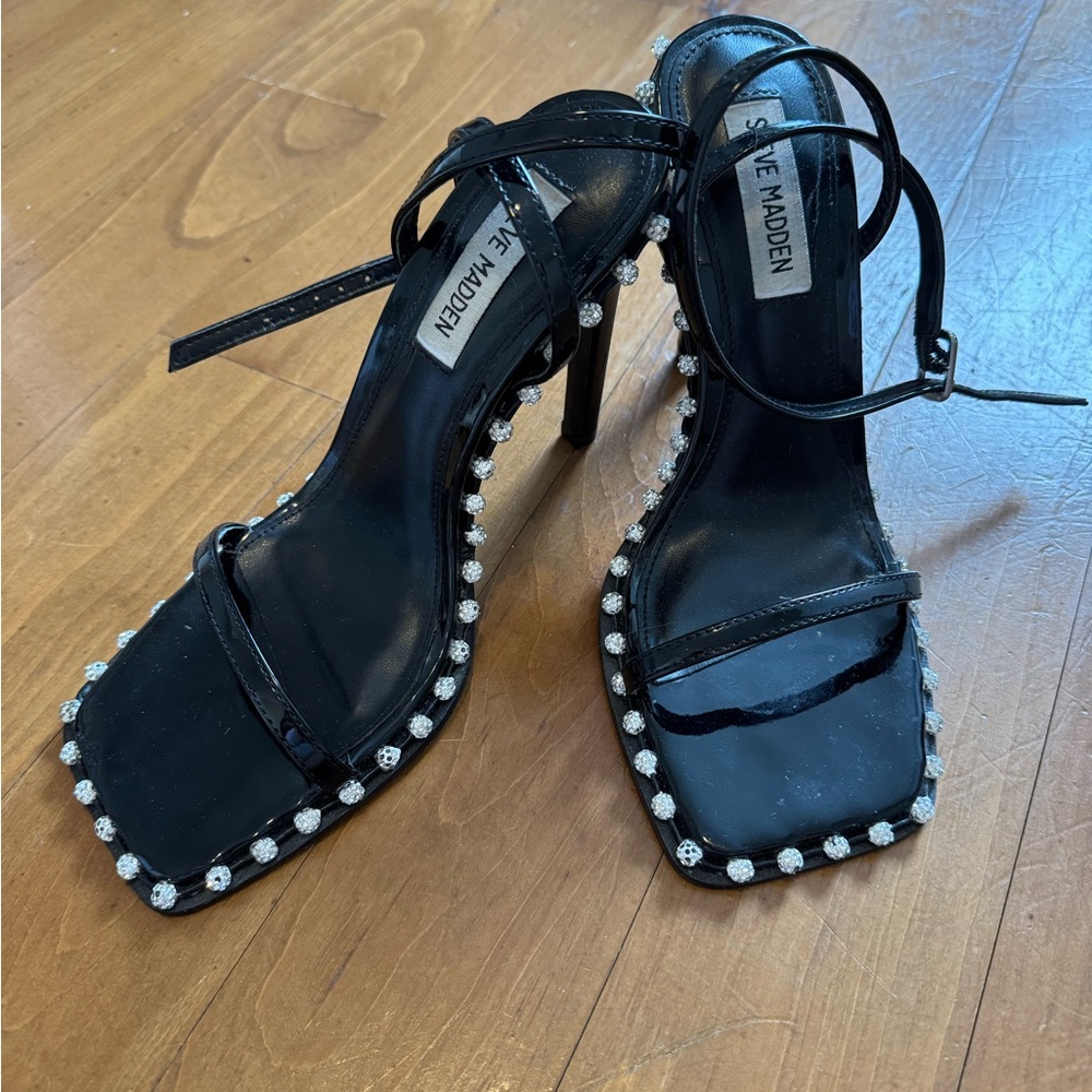 Steve Madden Black Strappy Heels with Silver Rhinestone Accents
